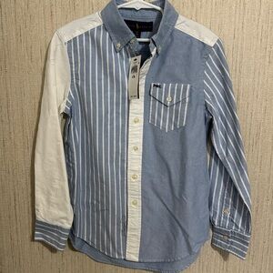 Ralph Lauren boys long sleeve collared blue and white stripped polo